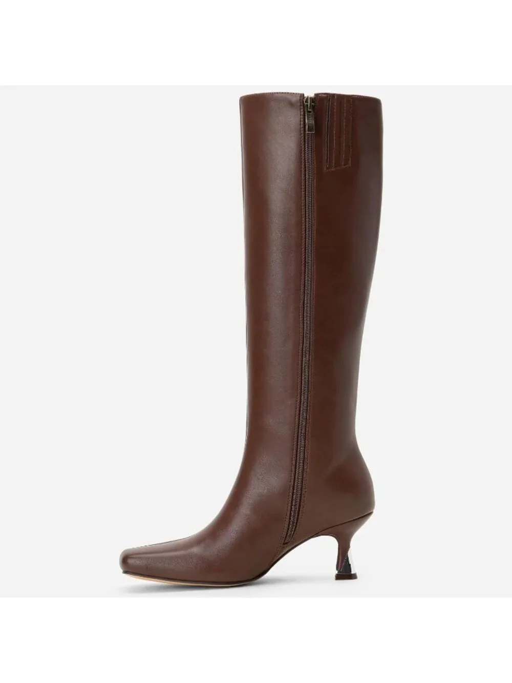 Women's Brown Square Toe Kitten Low Heel with Zipper Comfort Tall Knee High Boot